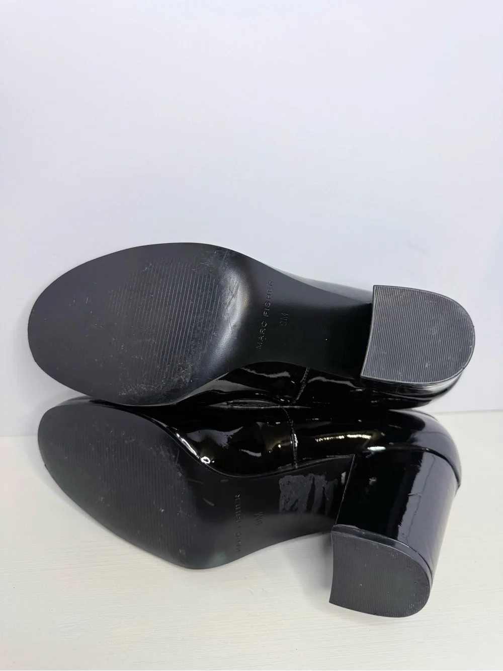 Marc Fisher Black Patent Loafers Silver Pyramid Studs Block Heel Pumps Size 9M